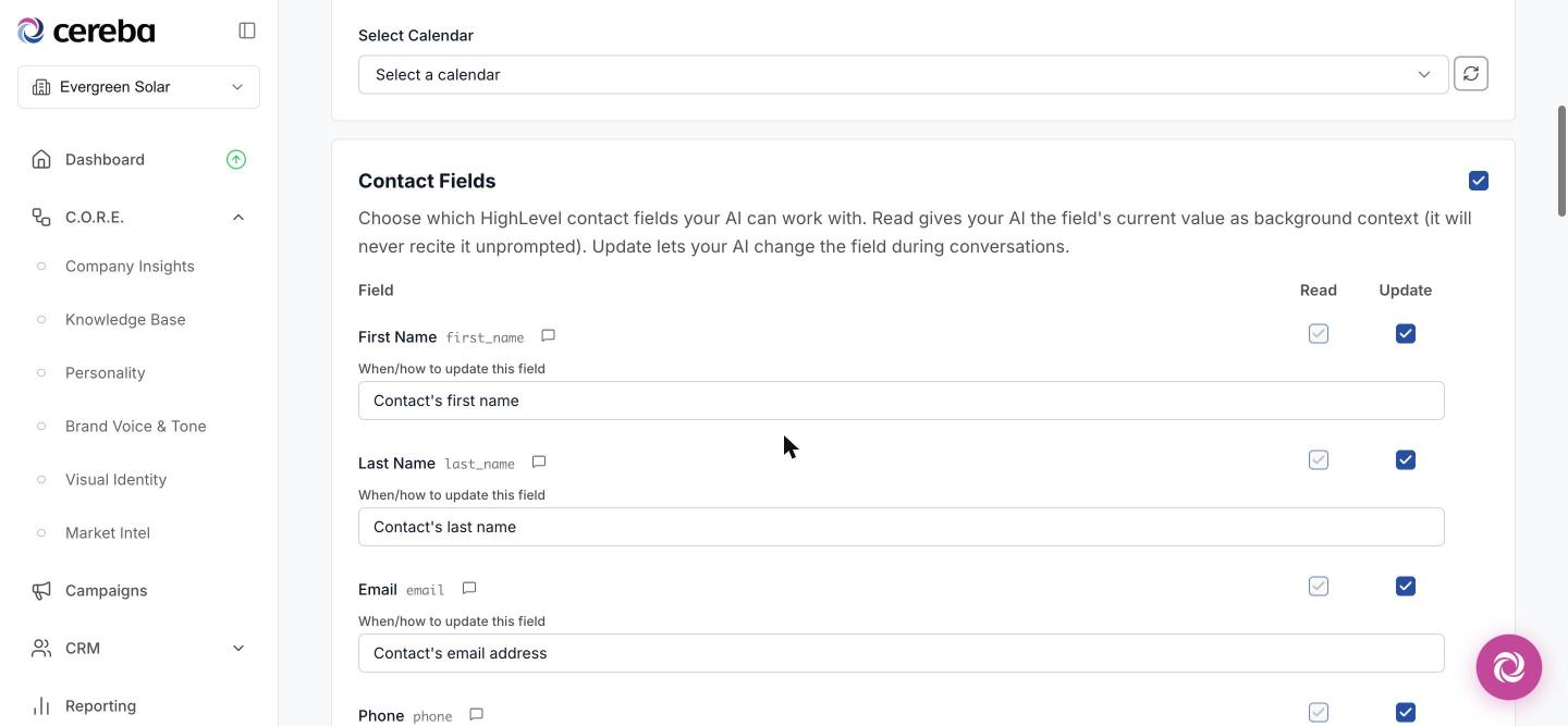 The Contact Fields card on a campaign's Intents tab, listing HighLevel contact fields with Read and Update checkboxes