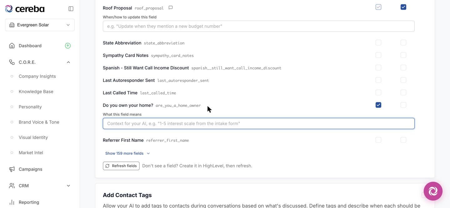 Contact field rows showing an Update-enabled field with its instruction box, a Read-enabled field with the What This Field Means note open, and the Show More Fields control