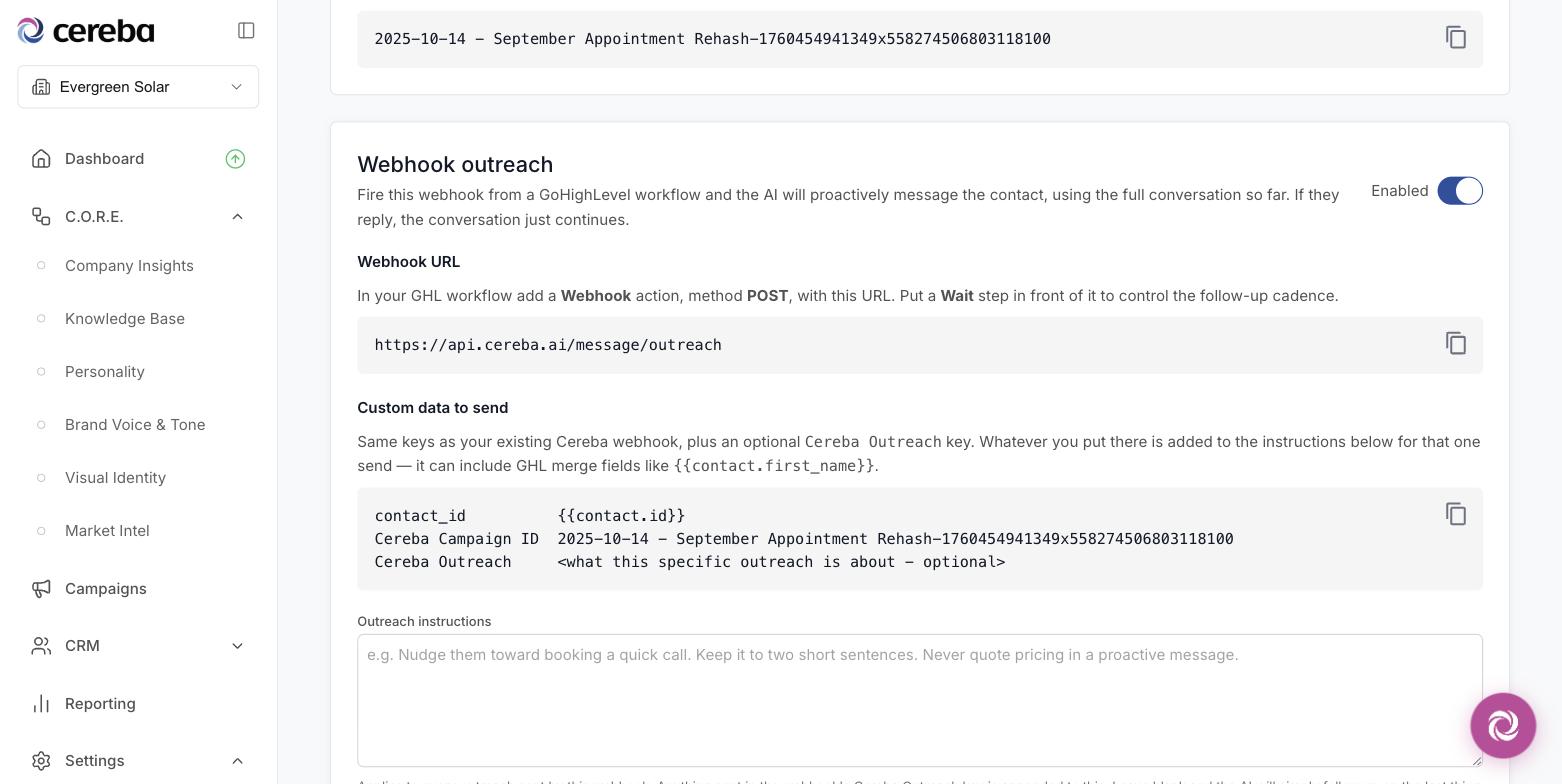 The Webhook Outreach trigger enabled on a campaign's Triggers tab, showing the webhook URL, the custom data snippet, and the outreach instructions box